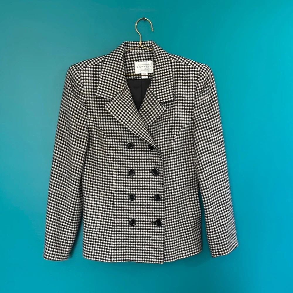 VINTAGE Express Black and White Houndstooth Blazer- Padded Shoulders - Picture 1 of 5
